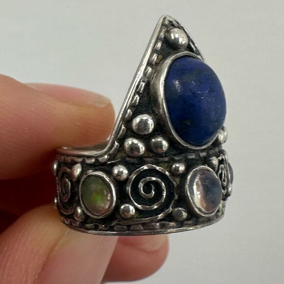 Vintage Sterling Silver 925 Moonstone & Lapis Unusual Intricate Ring Size 5.5 - Picture 7 of 14